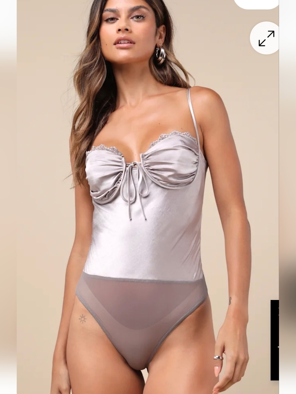 NWT Lulus Stunning Choice Silver Satin Romantic Tie-Front Lace Cami Bodysuit XL